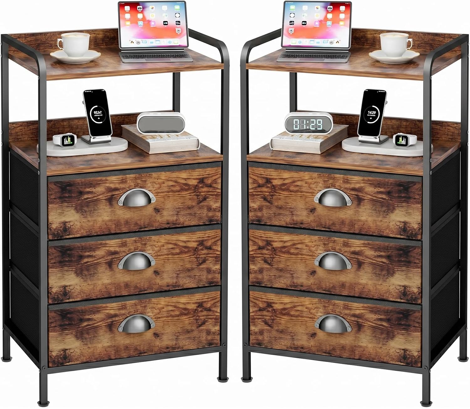 Night Stand Set 2, Nightstand with 3 Fabric Drawers and 2-Tier Shelf, Small Dresser Organizer, Bedside Table with Storage, End Table for Bedroom, Steel Frame, Wood Top, Rustic Brown