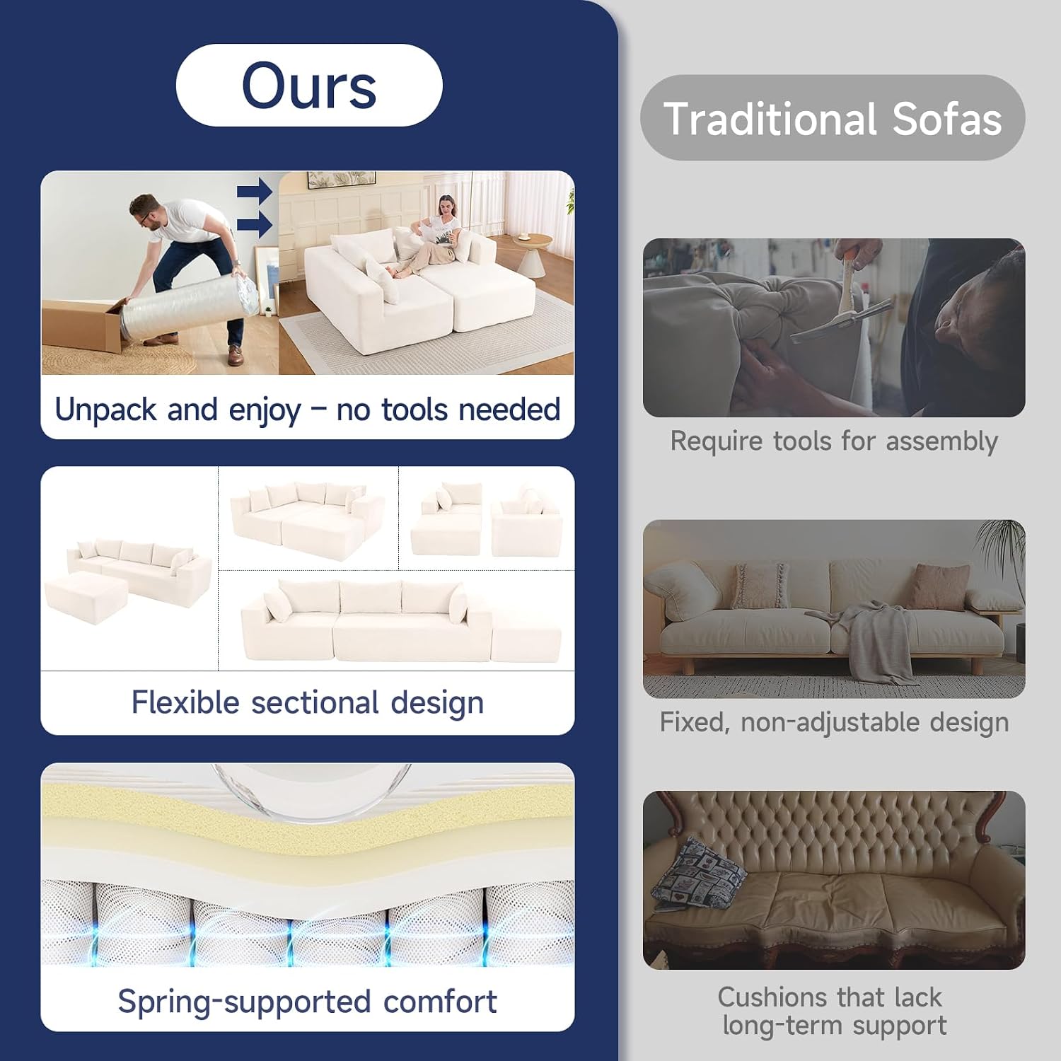 Brage Living 2026 New 108" Cloud Sectional Couch, Comfy Boneless Modular Sectional Sofa with Deep Seat, Sofa Couch with L-Shaped Chaise for Living Room, No Assembly Required (Beige, with Ottoman)
