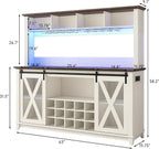 63"Wide 58"H Farmhouse Coffee Bar Cabinet with Power Outlet and LED Light,Wine Bar Cabinet w/ 4 Storage Hutch,Kitchen Buffet Cabinet with 15 Wine and Glass Racks for Kitchen Dining Room(Antique White)