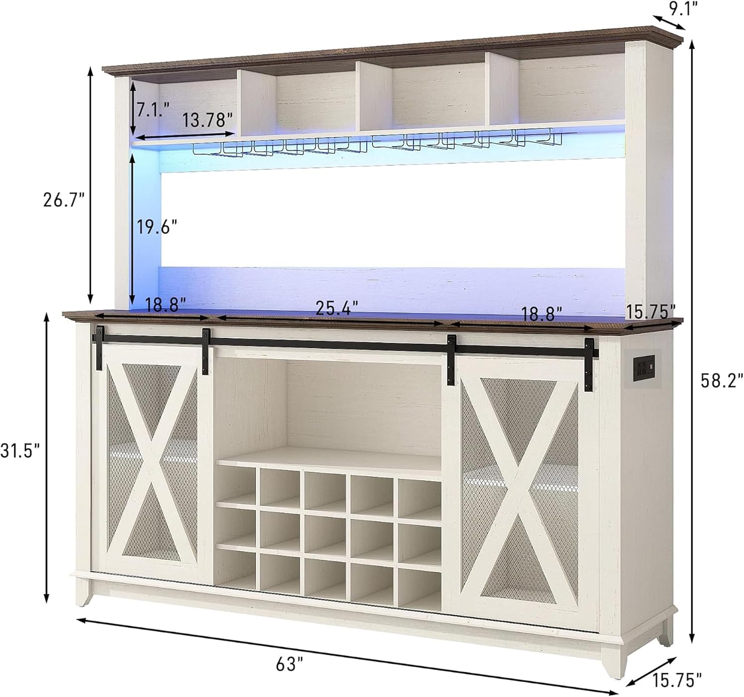 63"Wide 58"H Farmhouse Coffee Bar Cabinet with Power Outlet and LED Light,Wine Bar Cabinet w/ 4 Storage Hutch,Kitchen Buffet Cabinet with 15 Wine and Glass Racks for Kitchen Dining Room(Antique White)