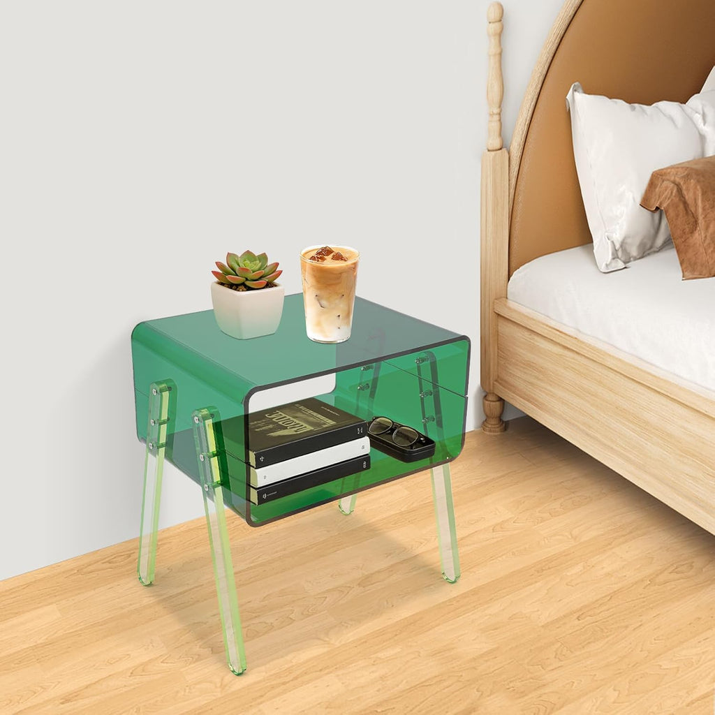 Acrylic Side Table, 2-Tier End Table with Open Storage for Small Spaces, Nightstand Bedside Table for Office, Bed Room, Conference Room (Green)