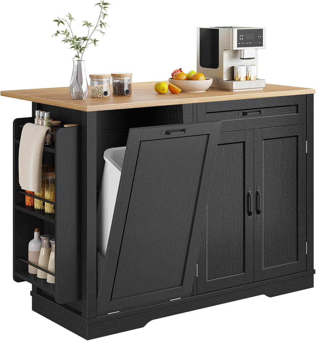 YITAHOME 50 Inch Rolling Kitchen Island with Trash Can Storage, Portable Mobile Islands Table with Drop Leaf, Floating Kitchen Butcher Block Cart on Wheels, Fits 13 Gallon Garbage Bin, Black