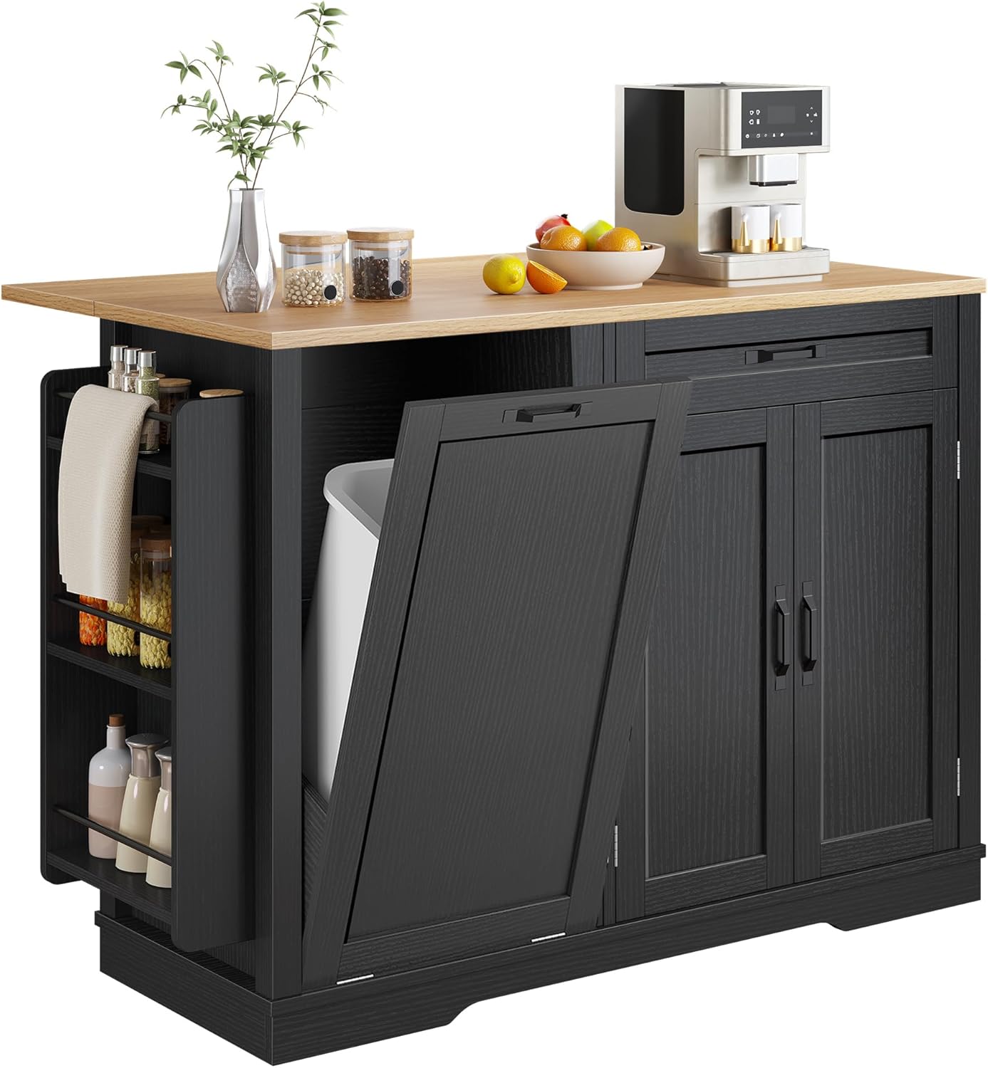 YITAHOME 50 Inch Rolling Kitchen Island with Trash Can Storage, Portable Mobile Islands Table with Drop Leaf, Floating Kitchen Butcher Block Cart on Wheels, Fits 13 Gallon Garbage Bin, Black