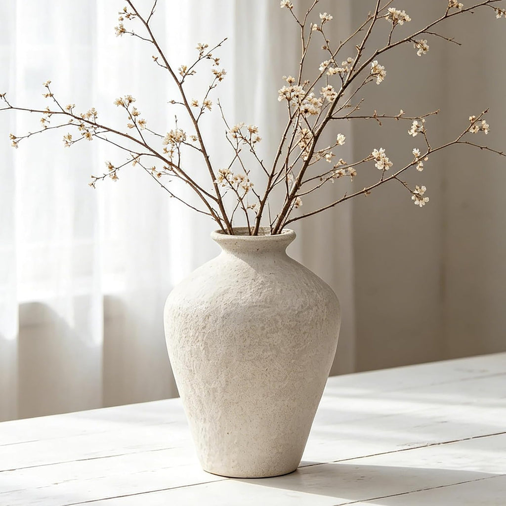 MAKHOT Rustic Ceramic Farmhouse Flower Large Vase, 9.05" Modern Antique Terra Cotta Decorative White Vases Suitable for Home, Indoor, Kitchen, Shelf, Table, Corner Decor, WhiteVase Large Decoration