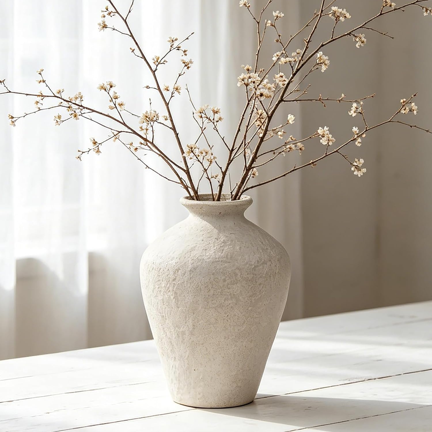 MAKHOT Rustic Ceramic Farmhouse Flower Large Vase, 9.05" Modern Antique Terra Cotta Decorative White Vases Suitable for Home, Indoor, Kitchen, Shelf, Table, Corner Decor, WhiteVase Large Decoration