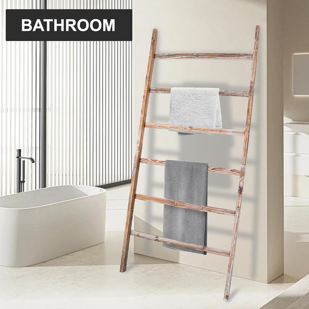 Blanket Ladder Shelf 6.4FT, 38 inch Wide Solid Wooden Blanket Ladder for Living Room, 6-Layer Farmhouse Rustic Quilt Rack for Living Room Bathroom
