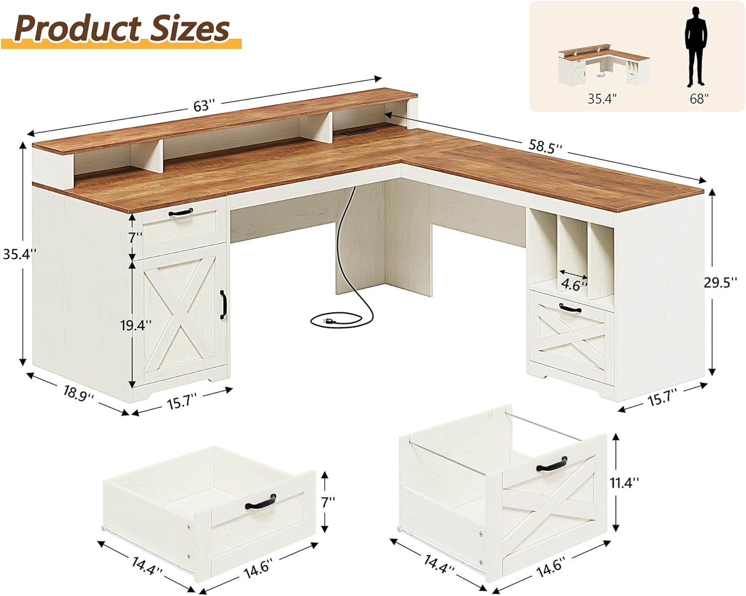 YOMILUVE Farmhouse 63" L Shaped Desk with Drawers and Storage Shelf, Home Office Desk with Power Outlets, Storage Cabinet, Corner Computer Desk with Long Monitor Stand, Brown and White
