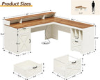 YOMILUVE Farmhouse 63" L Shaped Desk with Drawers and Storage Shelf, Home Office Desk with Power Outlets, Storage Cabinet, Corner Computer Desk with Long Monitor Stand, Brown and White