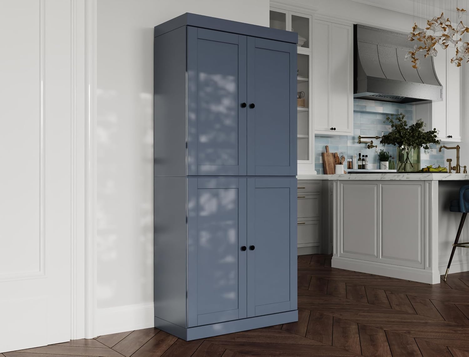 Palace Imports Solid Wood Kitchen Pantry Cabinet - 71.5" Tall x 32" W - Wooden Storage Cabinet w/ 4 Shaker Doors & 4 Adjustable Shelves, Antique Blue, 100% Renewable Eco-Friendly Wood, Made in Brazil