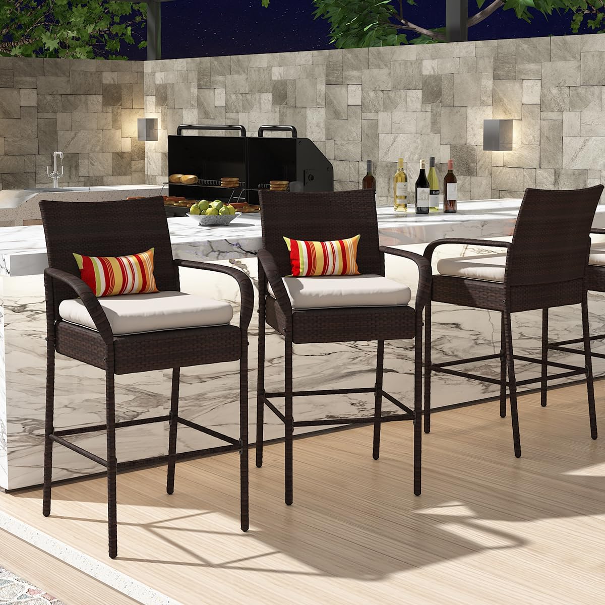Sundale Outdoor Wicker Bar Stool Set of 6, Patio Counter Height Pub Chair with Arms, High Top Rattan Barstool, Cushion Beige, All-Weather Outdoor Rattan Furniture (Brown&Beige, Small Seat - 6 Stools)