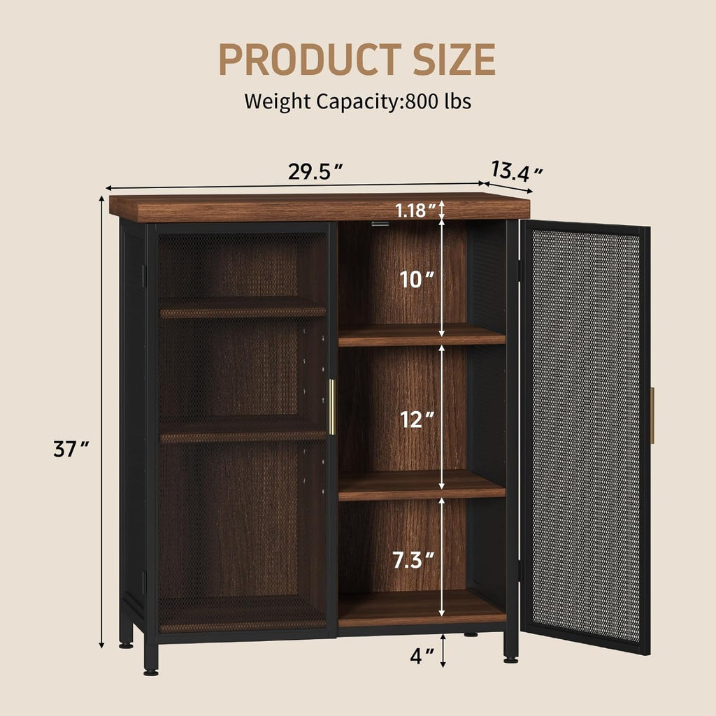 Buffet Cabinet, Metal Mesh Storage Sideboard with Adjustable Shelves, Coffee Bar Cabinet for Dining Room, Kitchen, Living Room, Entryway,Vintage Brown