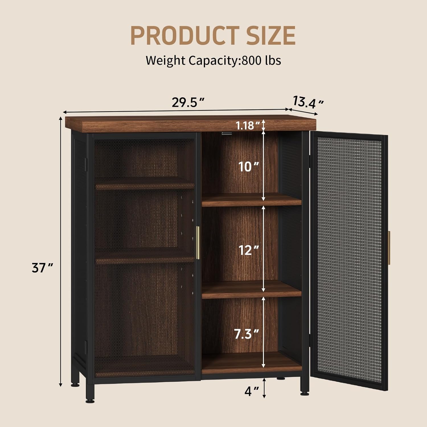 Buffet Cabinet, Metal Mesh Storage Sideboard with Adjustable Shelves, Coffee Bar Cabinet for Dining Room, Kitchen, Living Room, Entryway,Vintage Brown