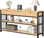 HSH Sofa Table with Storage, 55” Wood Entryway Table with 3 Drawers, 3 Tier Console Table Behind Couch for Living Room, Farmhouse Wooden and Metal Entry Hallway Table for Entrance, Oak, 55 in