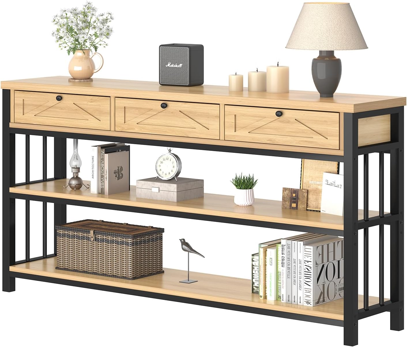 HSH Sofa Table with Storage, 55” Wood Entryway Table with 3 Drawers, 3 Tier Console Table Behind Couch for Living Room, Farmhouse Wooden and Metal Entry Hallway Table for Entrance, Oak, 55 in