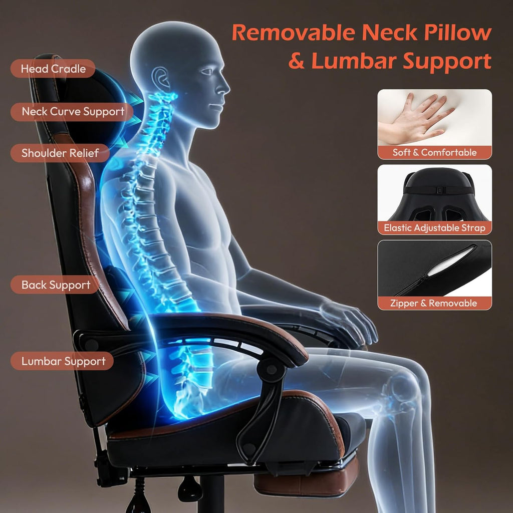 Ergonomic Gaming Chair for Adults with Footrest - PU Leather Computer Gamer Chair with Memory Foam Headrest & Lumbar Pillow, Reclining Silla Gamer Video Game Chair for Home Office, Black & Brown