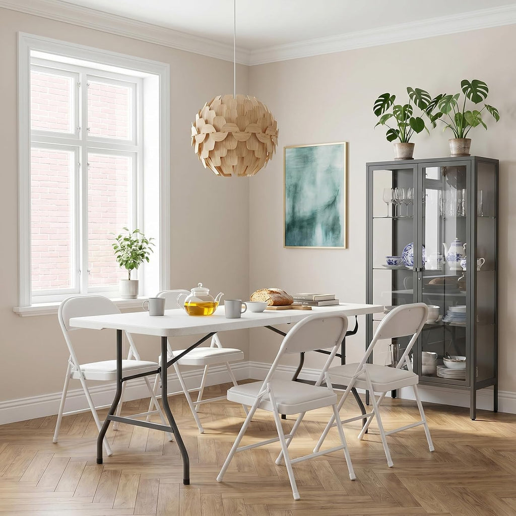 Folding Table and Chairs, 5ft Folding Table with Adjustable Height& PU Leather Padded Folding Chairs 4, Portable Table and Chairs Set for Indoor&Outdoor Party, Camping Use(White Table& White Chair)