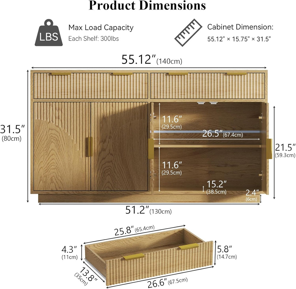 Fluted Sideboard Buffet Cabinet with Storage & 2 Drawers, Modern Buffet Table with Arched Design Doors & Adjustable Shelves, Wooden Accent Cabinet Coffee Bar fo Kitchen, Living Room (1Pc, Natural)