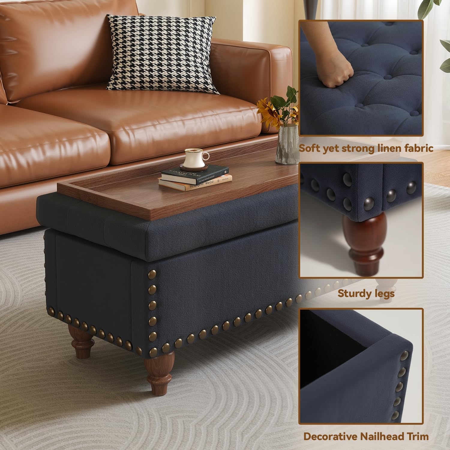 42'' End of Bed Storage Bench with Dual-Surface Lid, Upholstered Ottoman with Hidden Storage, Chenille Bench Seating with Wood Panel Seat for Entryway,Living Room,Bedroom-Blue