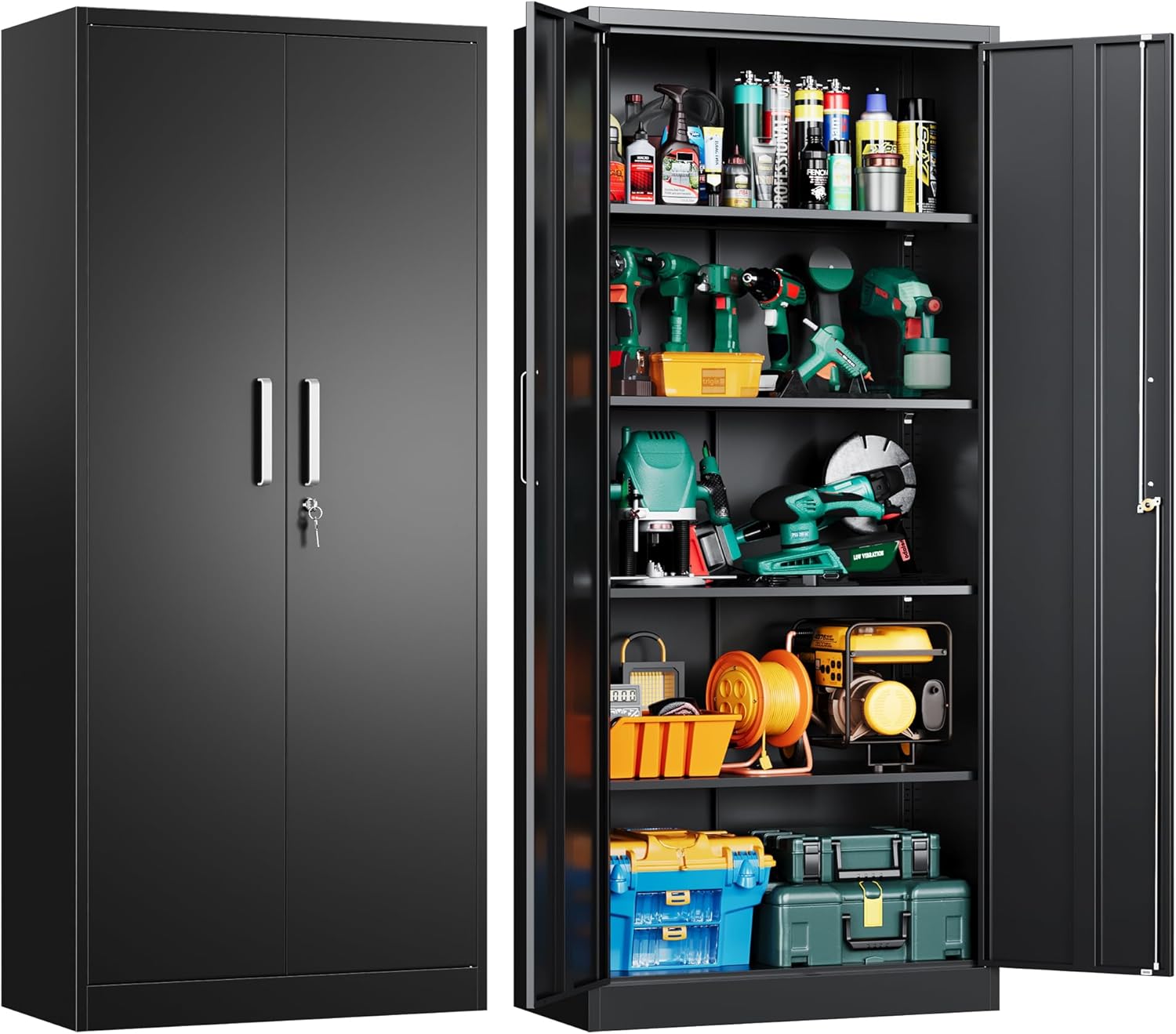 Metal Garage Storage Cabinet with Doors and Adjustable Shelves, 71" Tall Locker Organizer Steel Garage Cabinets, Lockable File Cabinet for Home, Office, Warehouse, Tools
