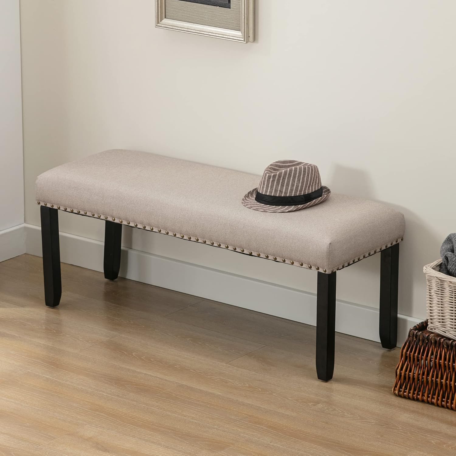 DUHOME Upholstered Entryway Bench, Fabric Bedroom Bench Ottoman Bench End of Bed Bench Dining Bench with Nailhead Trim Wooden Legs for Living Room Dining Room, Cream