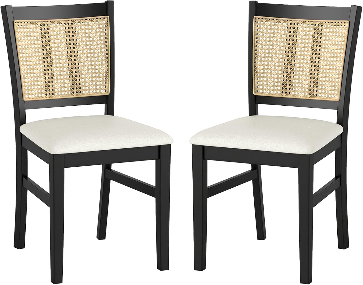 Giantex Rattan Dining Chairs Set of 2, Farmhouse Fabric Upholstered Kitchen Chairs with Rubber Wood Legs, Padded Seat, Cane Back, Country Armless Side Chair for Dining Living Room Restaurant
