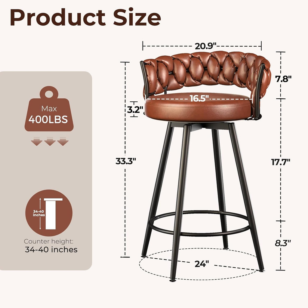 26" Counter Height Bar Stools Set of 2, Premium Faux Leather Barstools with Woven Backs Support & Heavy Duty Metal Legs, Upholstered 360°Swivel Bar Chairs for Kitchen Counter, Easy Assembly, Brown