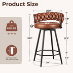26" Counter Height Bar Stools Set of 2, Premium Faux Leather Barstools with Woven Backs Support & Heavy Duty Metal Legs, Upholstered 360°Swivel Bar Chairs for Kitchen Counter, Easy Assembly, Brown