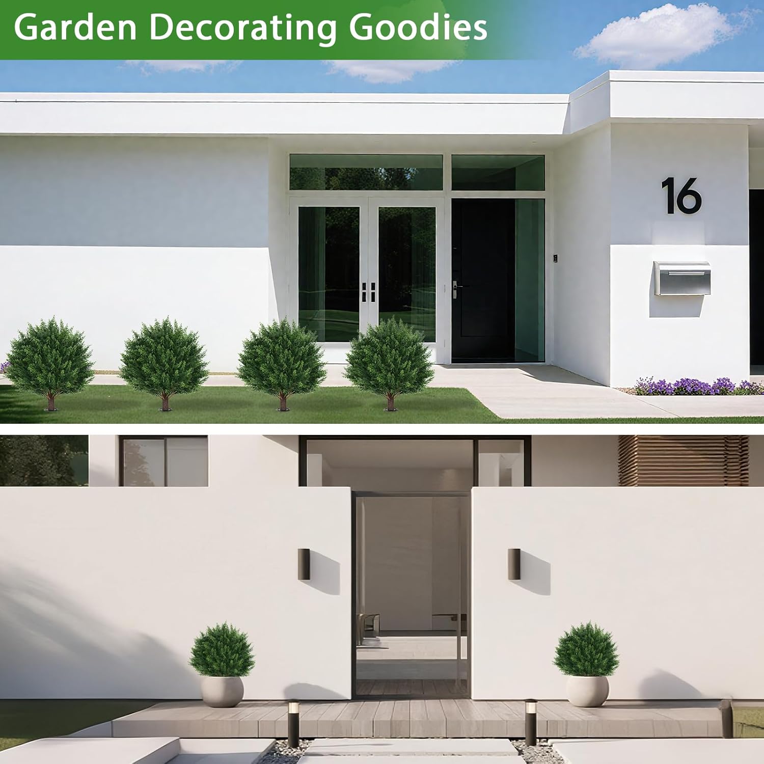 Yangrass Artificial Set of 4 Cedar Topiary Trees with Ground Spike, 4 Pack Artificial Plants with UV Resistant, Faux Evergreen Tree for Indoor Outdoor