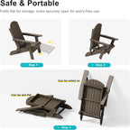 3-Position Adjustable Folding Adirondack Chair with Retractable Ottoman, HDPE Weather Resistant Patio Chair Set of 2 with Hidden Cup Holder for Lawn, Deck and Garden, Brown