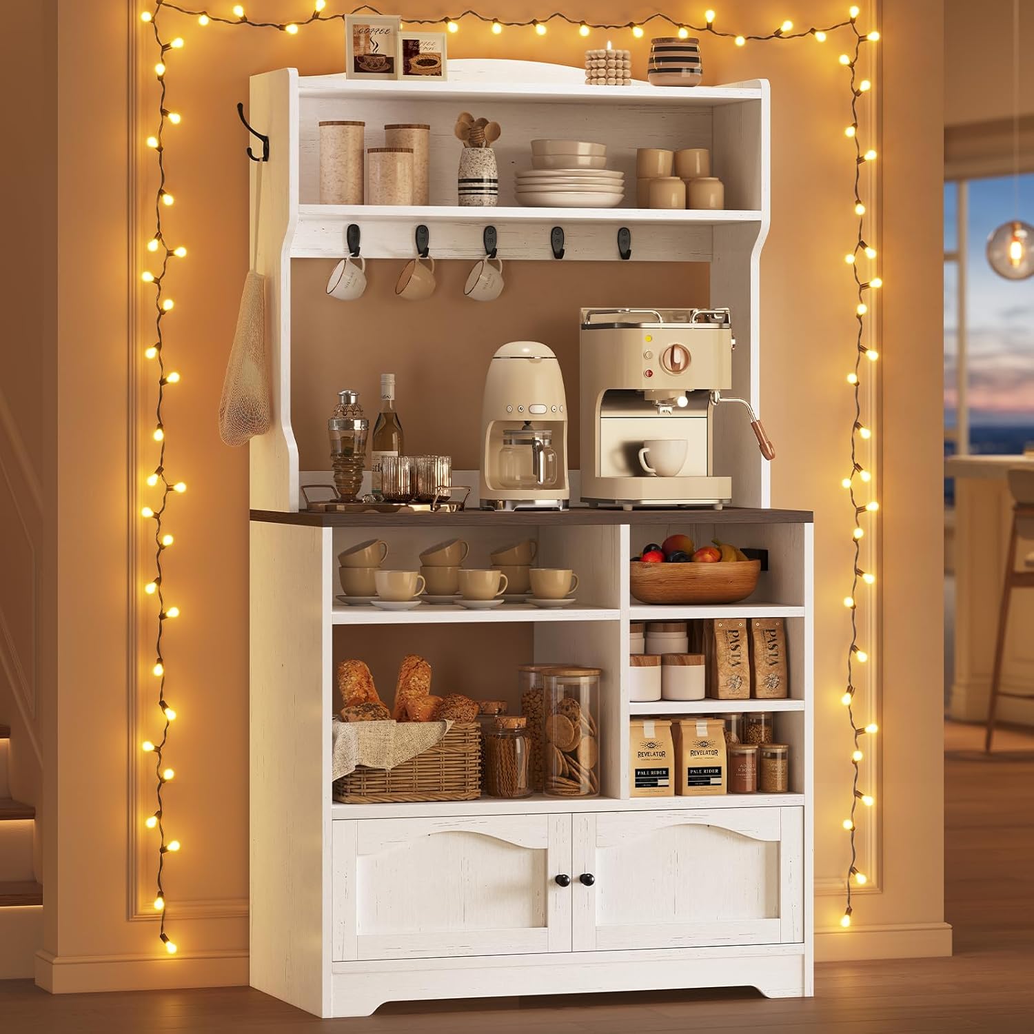 Bakers Rack with Storage and Power Outlet, Farmhouse Coffee Bar Cabinet, Microwave Stand with Storage Cabinet, 7 Hooks and Curved Design for Kitchen, Dining Room, Coffee Bar, Walnut, White