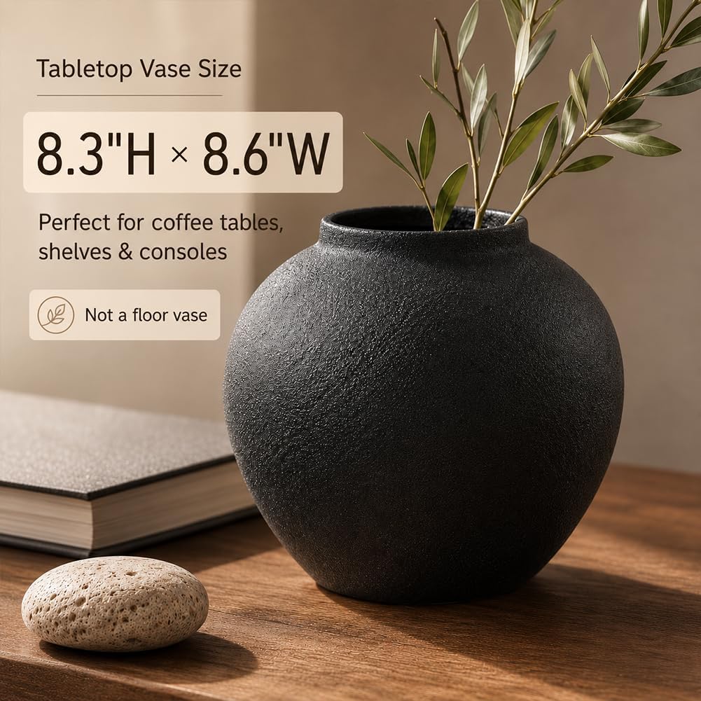 8.3″ Matte Textured Black Ceramic Vase – Modern Rustic Decorative Vase for Pampas Grass, Flowers & Greenery – Small Round Table Centerpiece for Living Room, Entryway, Shelf Decor