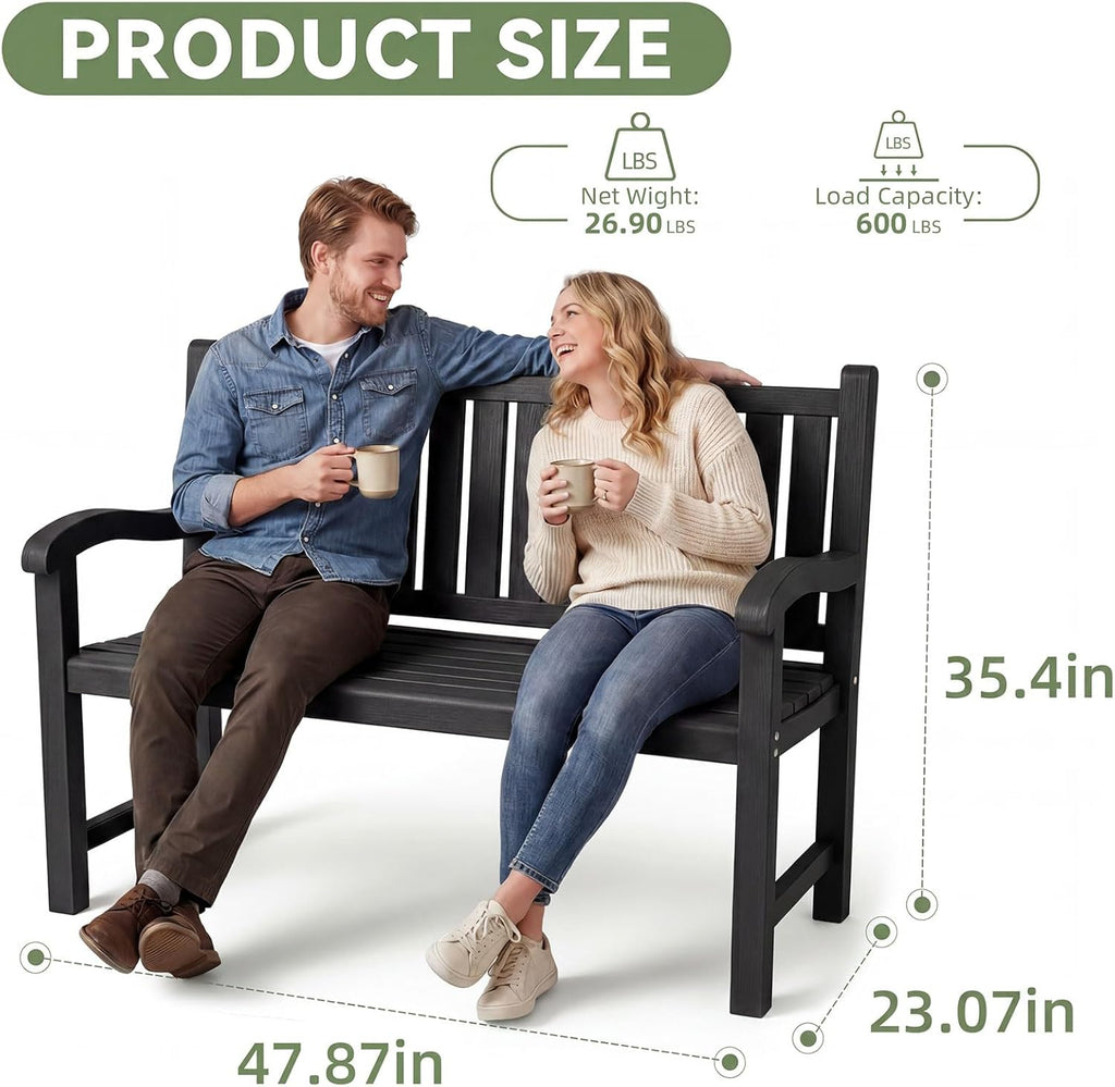 Outdoor Bench, 2-Person Outdoor Benches Weatherproof with 600 lbs Weight Capacity, Low Maintenance, Garden Bench for Patio, Park, Porch, Backyard, Balcony and School (Black)