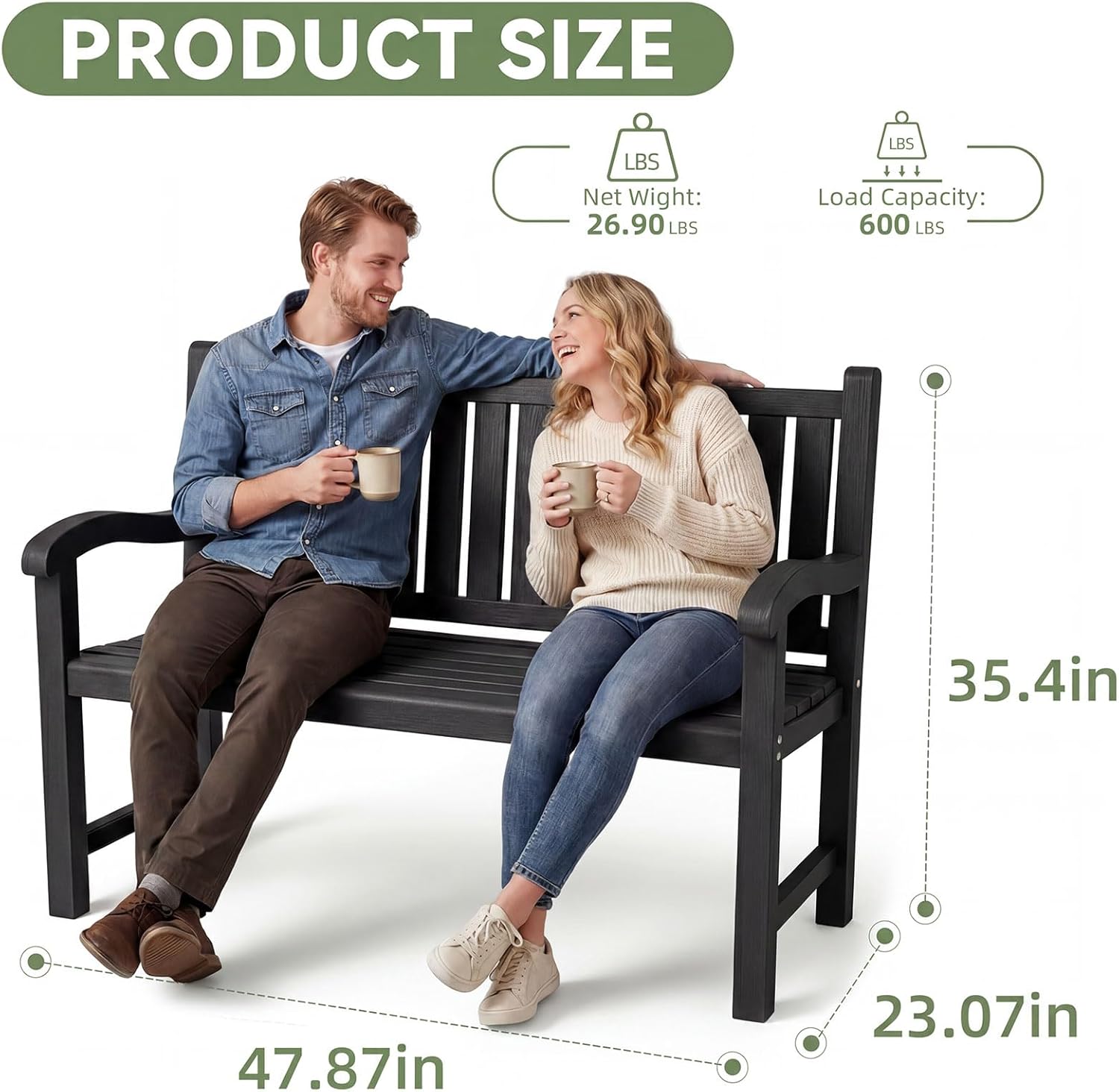 Outdoor Bench, 2-Person Outdoor Benches Weatherproof with 600 lbs Weight Capacity, Low Maintenance, Garden Bench for Patio, Park, Porch, Backyard, Balcony and School (Black)