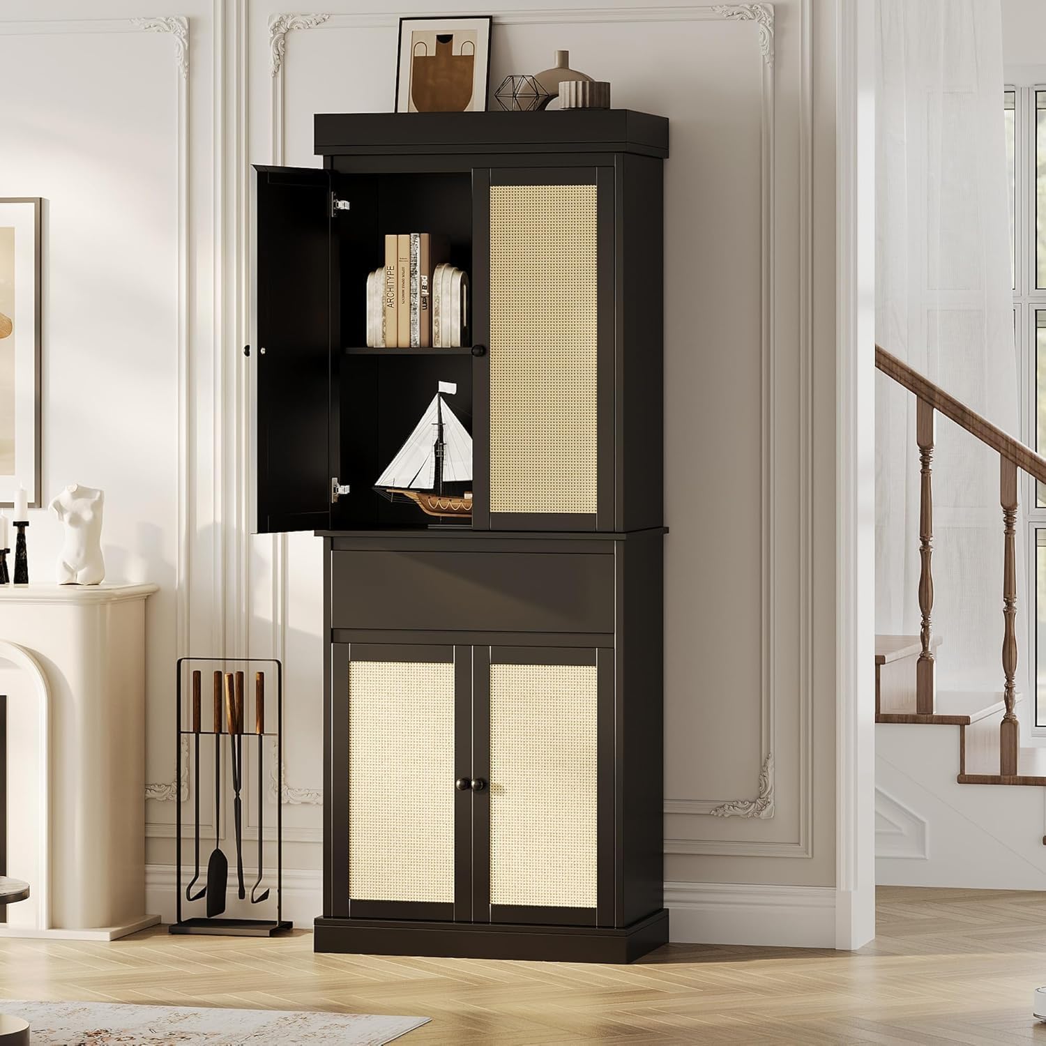 Tall Kitchen Pantry Cabinet - Rattan Doors, Adjustable Shelves, Freestanding Cupboard with Drawer for Bathroom, Dining Room, Living Room