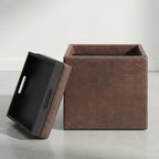 SIMPLIHOME Rockwood Cube Storage Ottoman with Tray - 17 inch Wide Upholstered Vegan Leather Square Storage Ottoman in Aged Brown, Contemporary Cube Ottoman for Living Room with Serving Tray