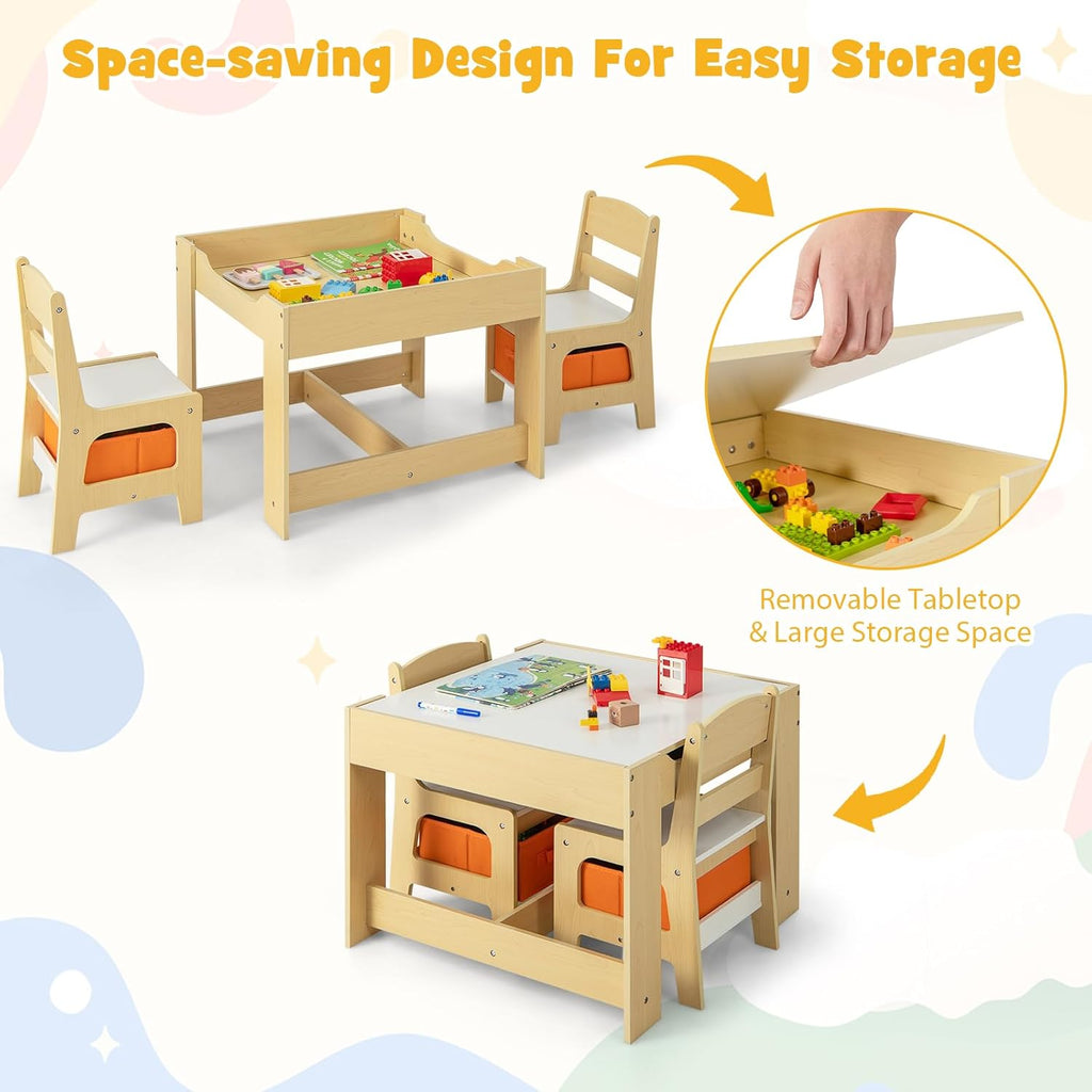 Costzon Kids Table and Chairs, Multifunctional Wooden Toddler Activity Desk Set w/Reversible Tabletop, Storage Drawers and Bookshelves for Drawing, Reading, Crafts, Toddler Table and Chair Set