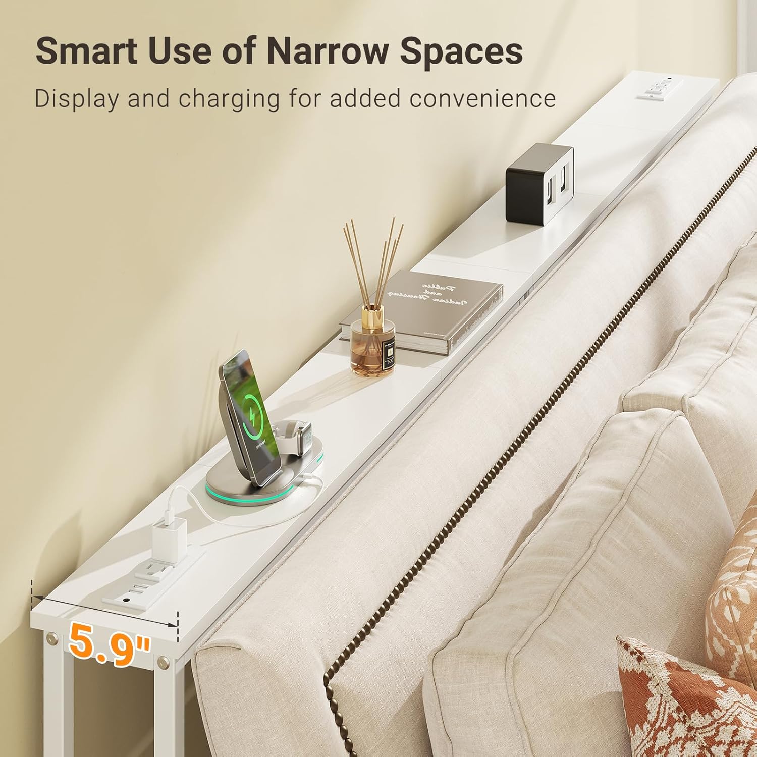 ELYKEN 2 Pack 5.9" Narrow Console Sofa Table with Power Outlets, Total 78.8” Long Behind Couch Table with Charge Station and 4.9’ Extension Cord for Living Room, 5.9" D x 78.8”W x 29.5”H, White