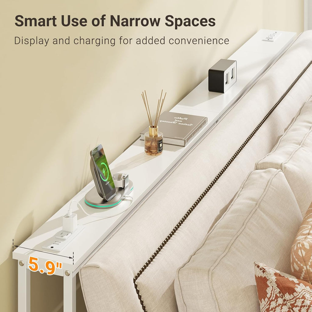 ELYKEN 2 Pack 5.9" Narrow Console Sofa Table with Power Outlets, Total 78.8” Long Behind Couch Table with Charge Station and 4.9’ Extension Cord for Living Room, 5.9" D x 78.8”W x 29.5”H, White