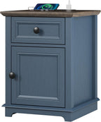 REDAYFUR 24" Tall End Table with Fast Charging Station, Square Side Table with Drawer & Large Storage Cabinet, Vintage Wooden Table for Living Room/Bedroom, Blue