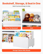VEVOR Kids Reading Nook, Wooden Storage Bench with Backrest, Kids Bookshelf & Toy Organizer, Large Toy Box Chest for Playroom, Living Room or Entryway, Easy Assembly, 66.9 x 15.8 x 31.5 in, White