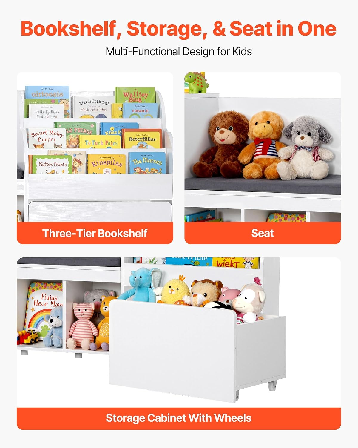 VEVOR Kids Reading Nook, Wooden Storage Bench with Backrest, Kids Bookshelf & Toy Organizer, Large Toy Box Chest for Playroom, Living Room or Entryway, Easy Assembly, 66.9 x 15.8 x 31.5 in, White