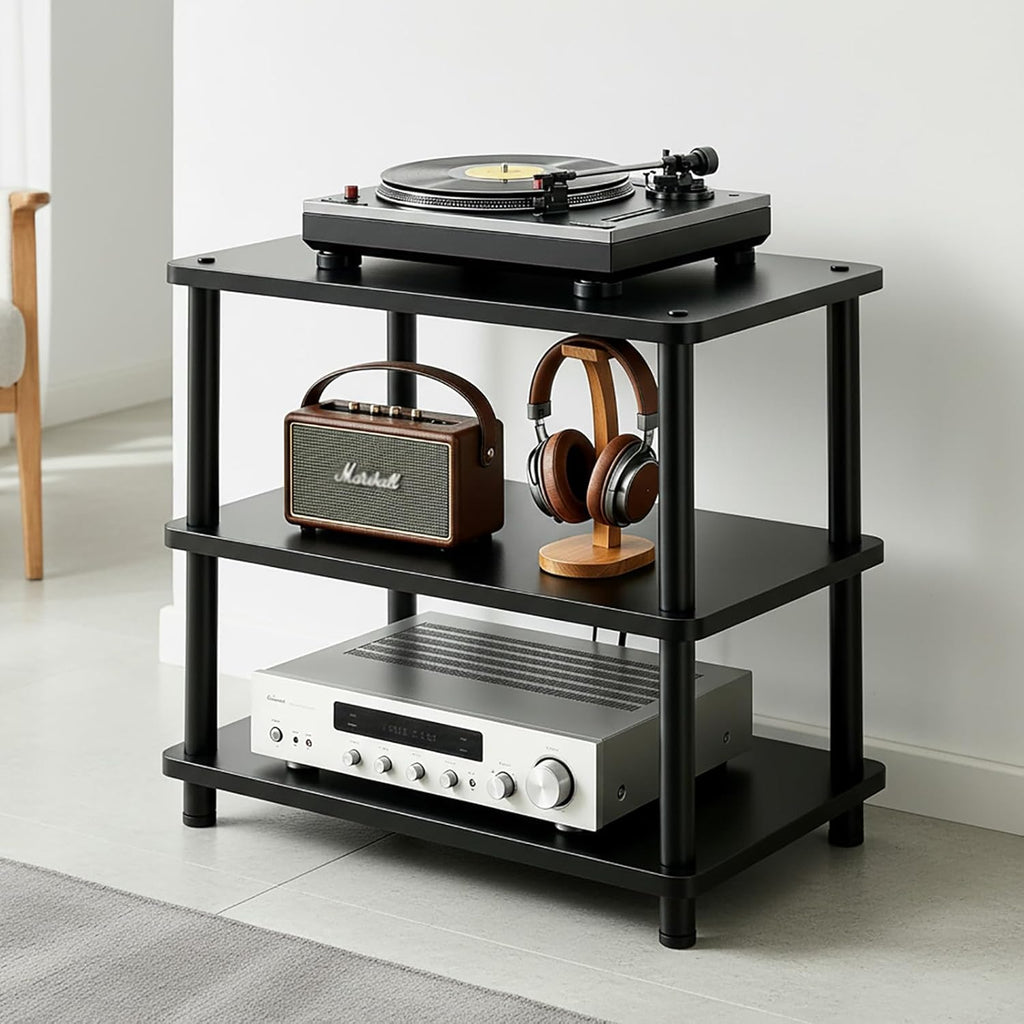 Heavy Duty Audio Component Rack, 4-Tier Height Adjustable AV Equipment Media Stand, Stereo CD Record Player Stand, with Shock-Absorbing Feet & Lockable Wheels | 220lbs Capacity(Black,3 tier)