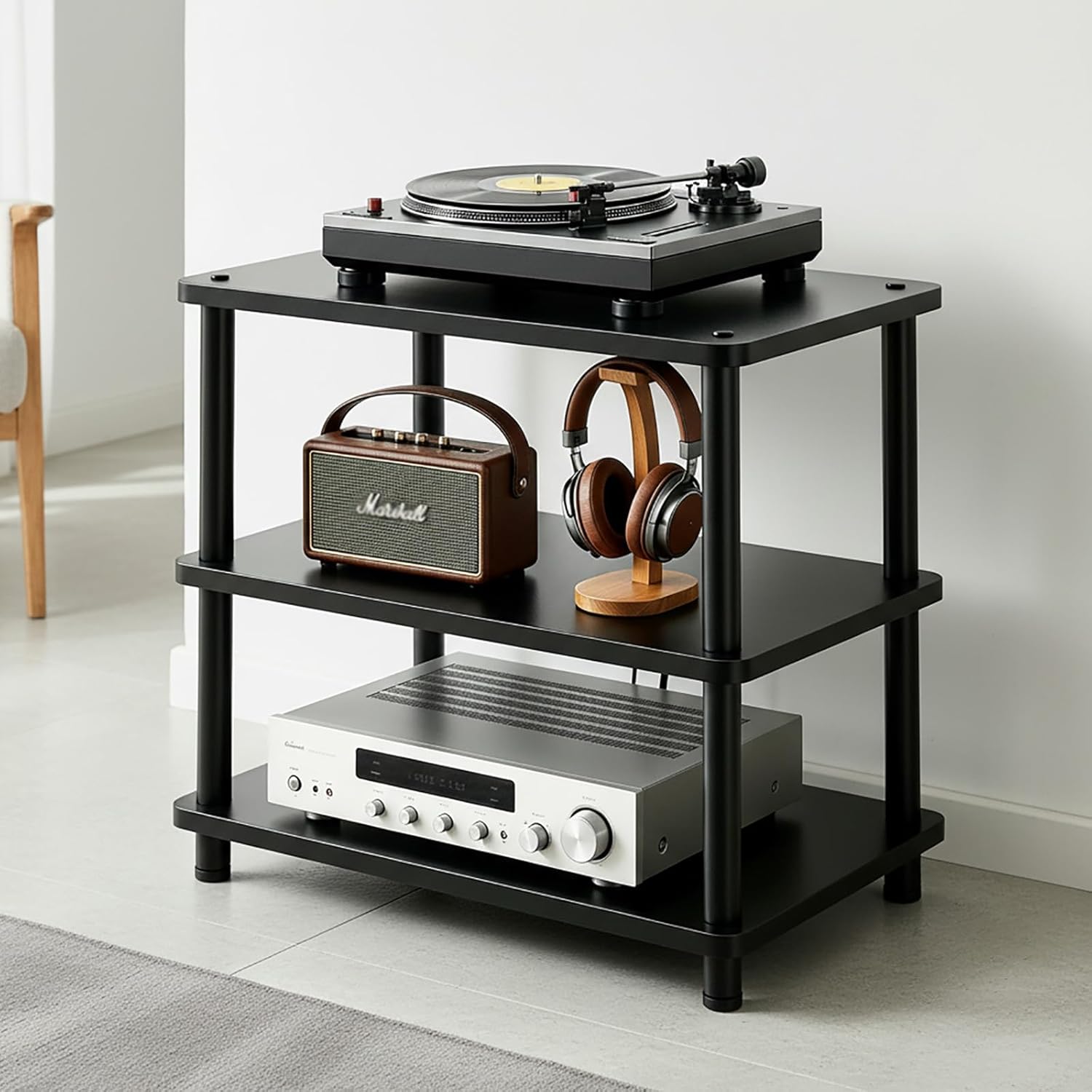 Heavy Duty Audio Component Rack, 4-Tier Height Adjustable AV Equipment Media Stand, Stereo CD Record Player Stand, with Shock-Absorbing Feet & Lockable Wheels | 220lbs Capacity(Black,3 tier)