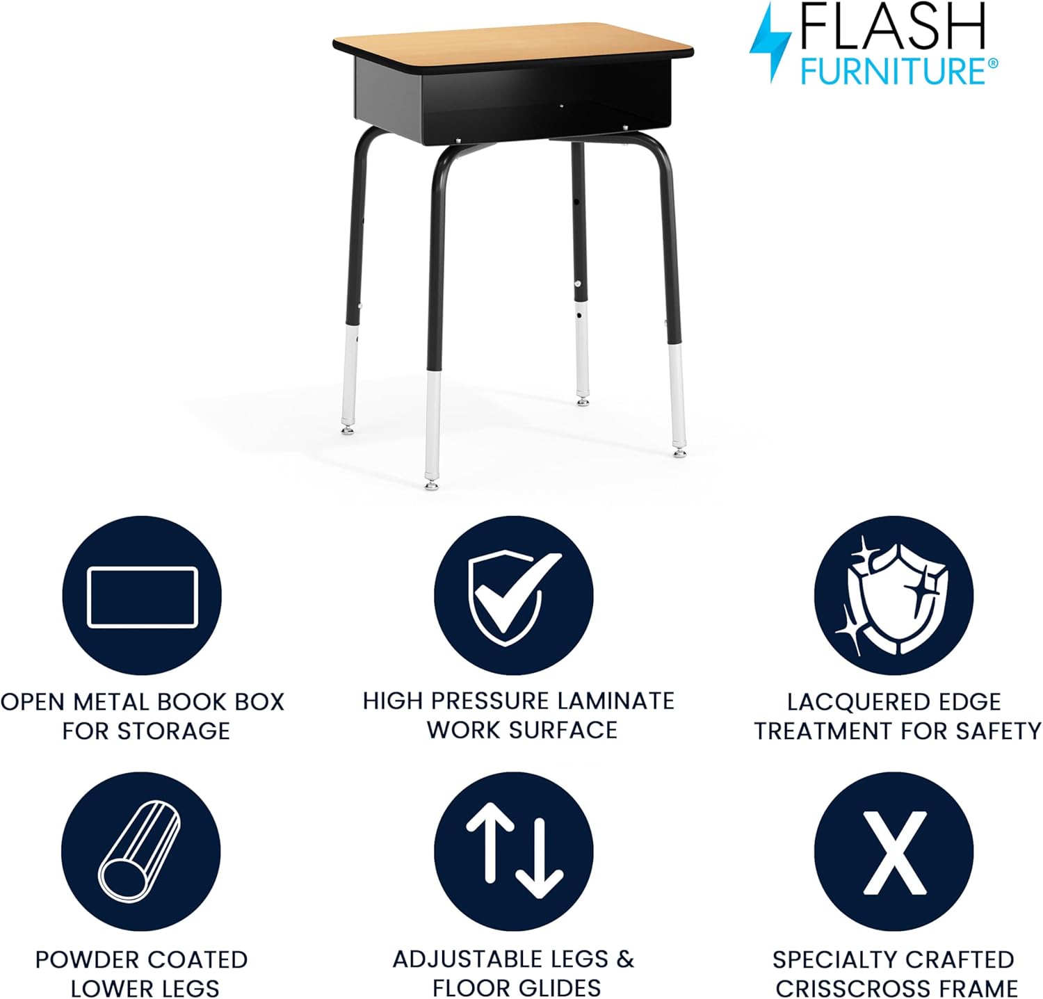 Flash Furniture Billie Open Front Student Desk for Classrooms or Remote Learning, Height Adjustable School Desk with Metal Book Box, Natural/Black