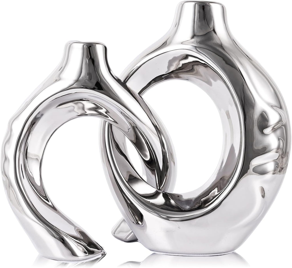 Ceramic Vase Set of 2 for Modern Home Decor,Round Boho Vase for Pampas Grass,Neutral Minimalist Statue for Dining Room Table Centerpiece Dining Room,Wedding Table Decoration (Silver1)