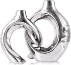 Ceramic Vase Set of 2 for Modern Home Decor,Round Boho Vase for Pampas Grass,Neutral Minimalist Statue for Dining Room Table Centerpiece Dining Room,Wedding Table Decoration (Silver1)