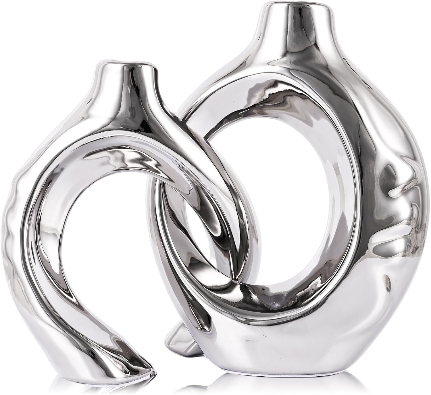 Ceramic Vase Set of 2 for Modern Home Decor,Round Boho Vase for Pampas Grass,Neutral Minimalist Statue for Dining Room Table Centerpiece Dining Room,Wedding Table Decoration (Silver1)