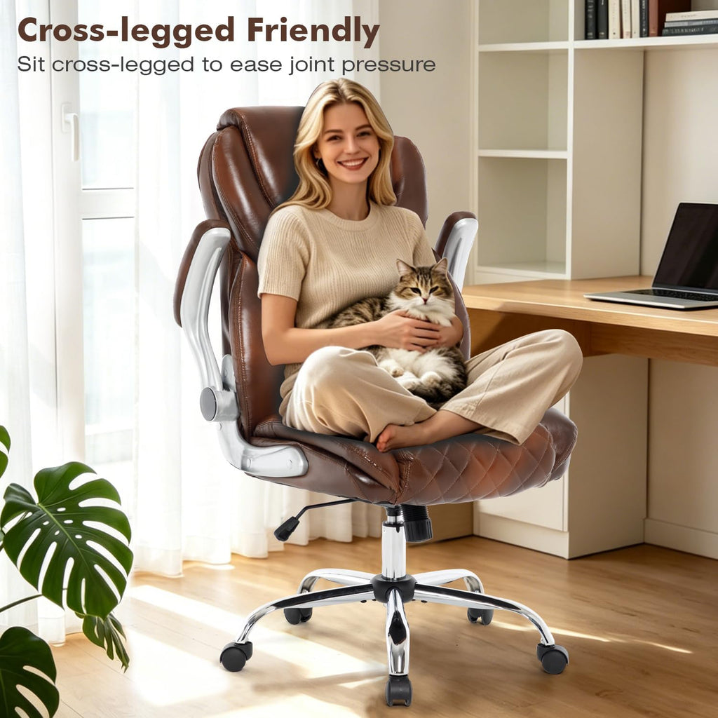 Leather Office Chair Brown with Flip up Arms, Big and Tall High Back Executive Office Desk Chairs with Wheels, Rocking Managerial Ergonomic Home Computer Chairs with Lumbar Support, Brown