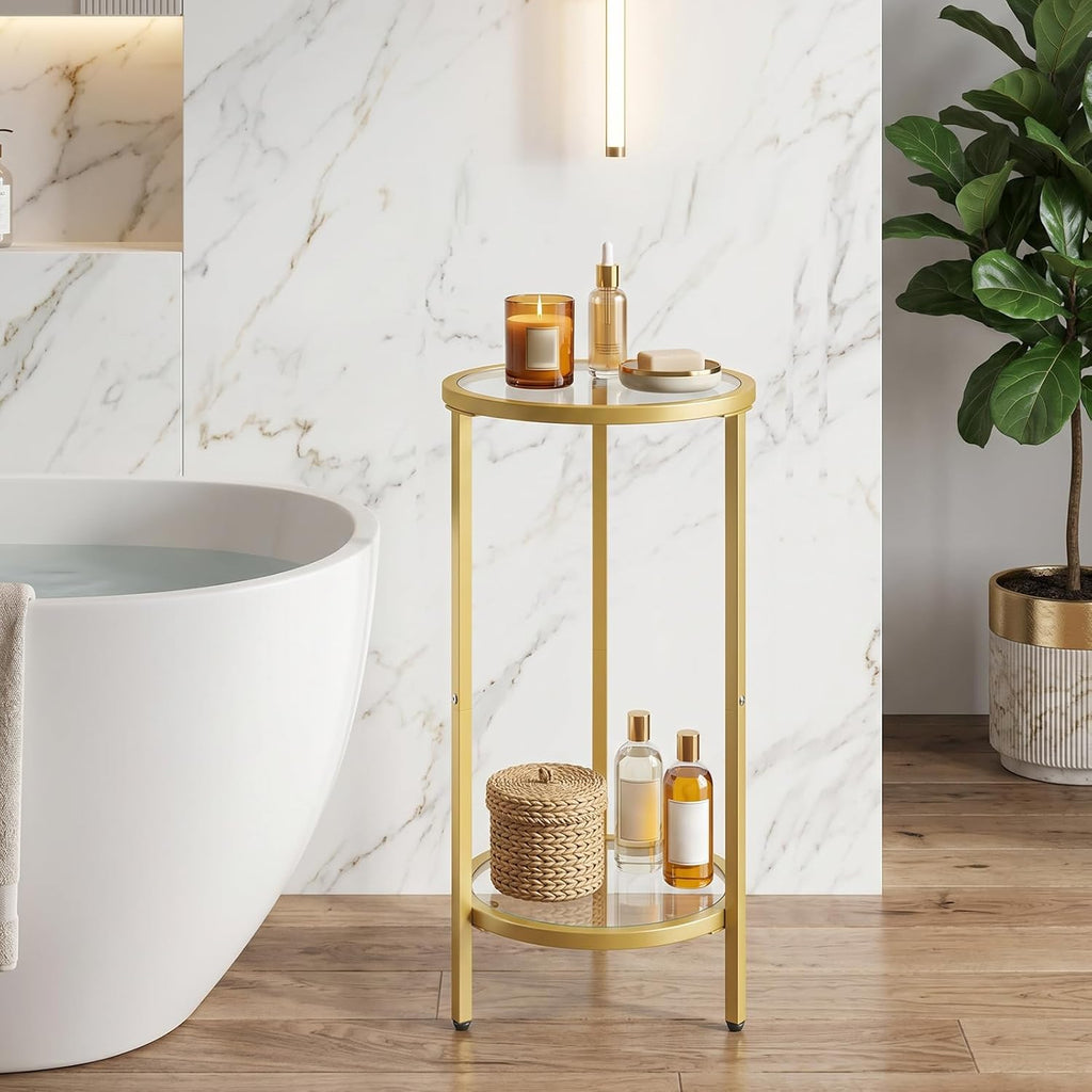 HOOBRO Small Round Side Table, Gold Accent End Table with Tempered Glass Tabletop, 28” H Nightstand for Small Space, Living Room, Bedroom, Balcony, Gold GD228BZ01