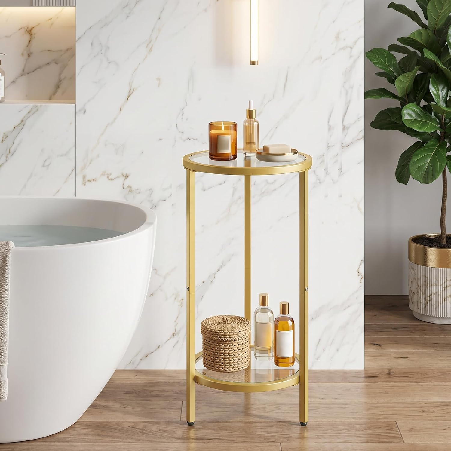 HOOBRO Small Round Side Table, Gold Accent End Table with Tempered Glass Tabletop, 28” H Nightstand for Small Space, Living Room, Bedroom, Balcony, Gold GD228BZ01